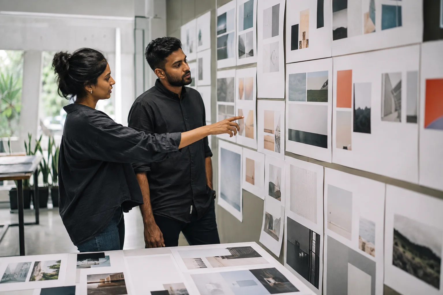 Sri Lankan designers reviewing a wall of completed creative work
