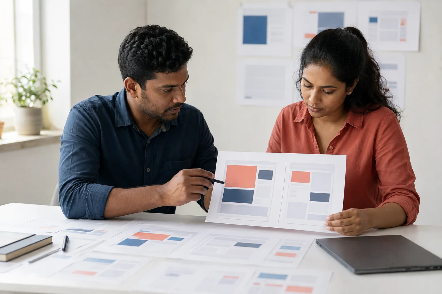 Sri Lankan designers comparing printed website redesign directions