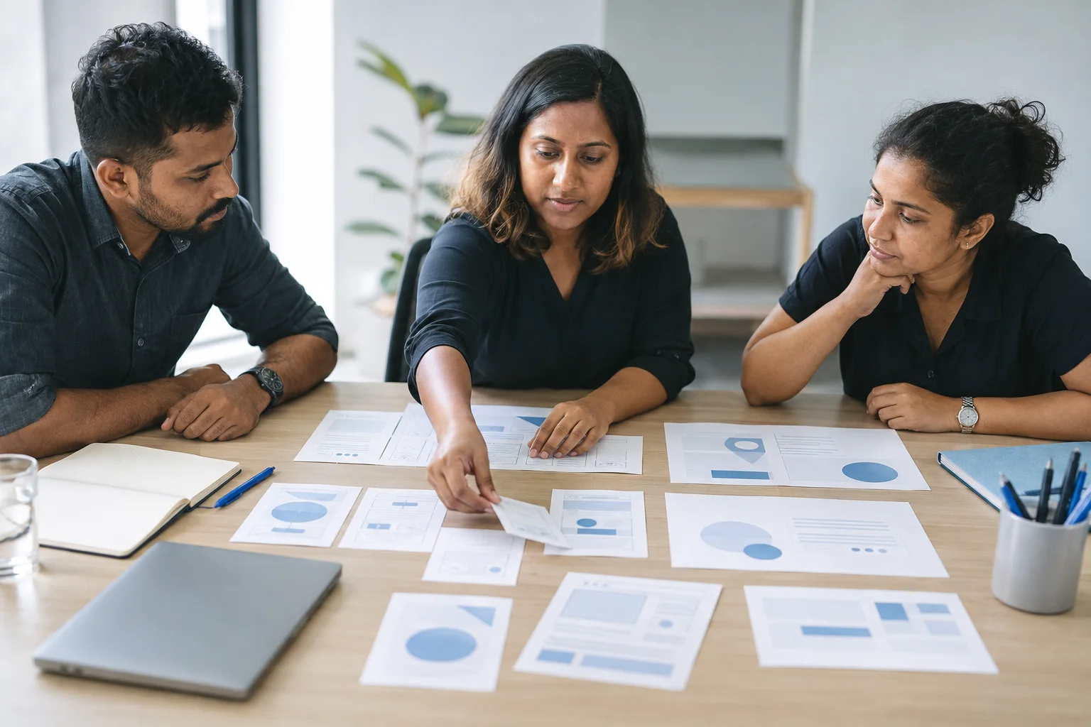 Sri Lankan design team reviewing printed interface concepts