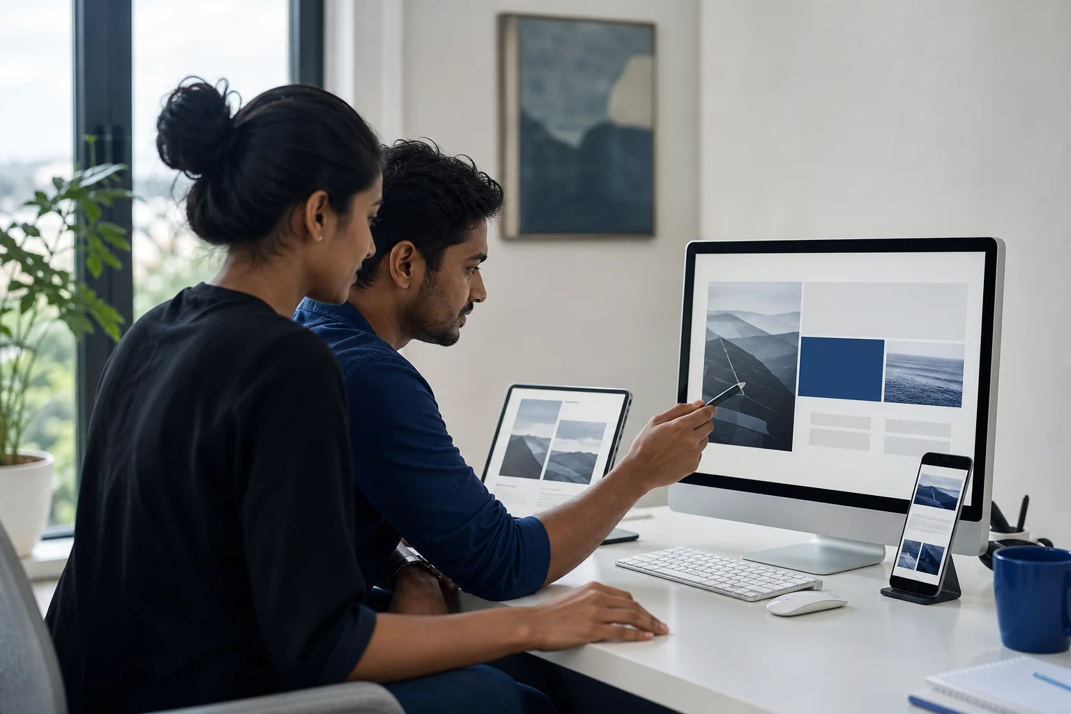Sri Lankan designers reviewing a responsive website across devices